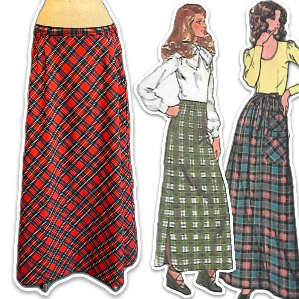 VINTAGE 70s tartan plaid long maxi skirt polyester academia old money equestrian